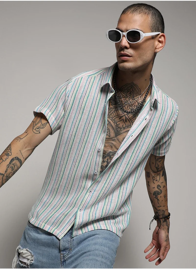 كامبوس سوترا Men's Pink & Green Unbalanced Striped Woven Shirt