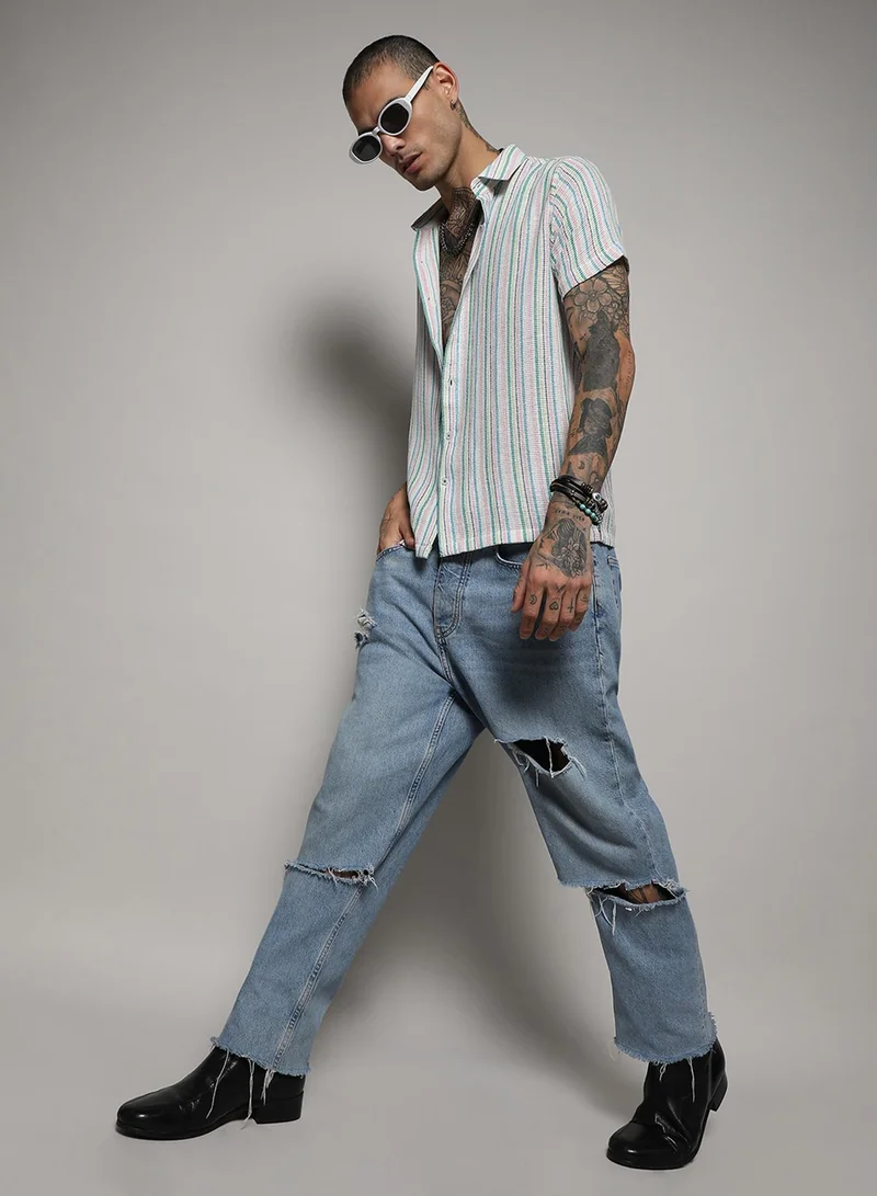 كامبوس سوترا Men's Pink & Green Unbalanced Striped Woven Shirt