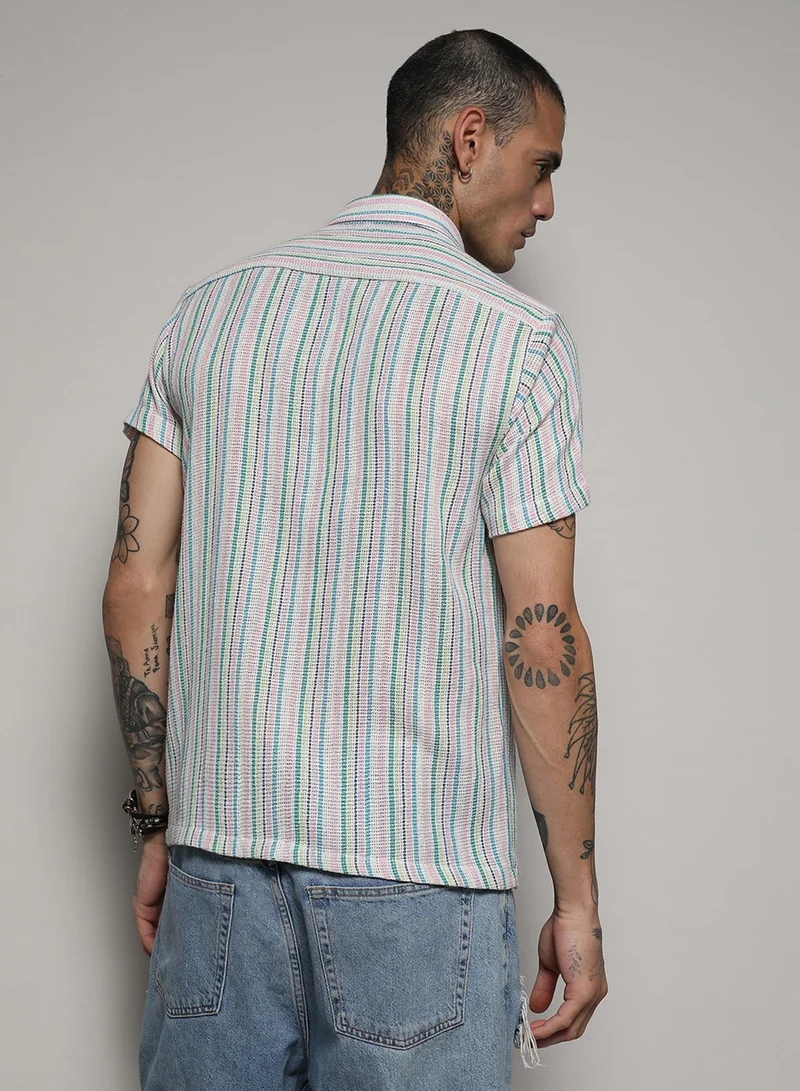 كامبوس سوترا Men's Pink & Green Unbalanced Striped Woven Shirt