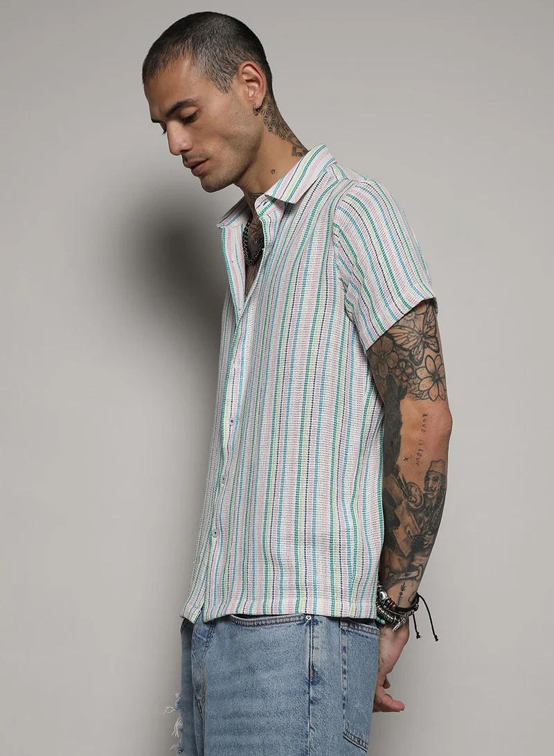 كامبوس سوترا Men's Pink & Green Unbalanced Striped Woven Shirt