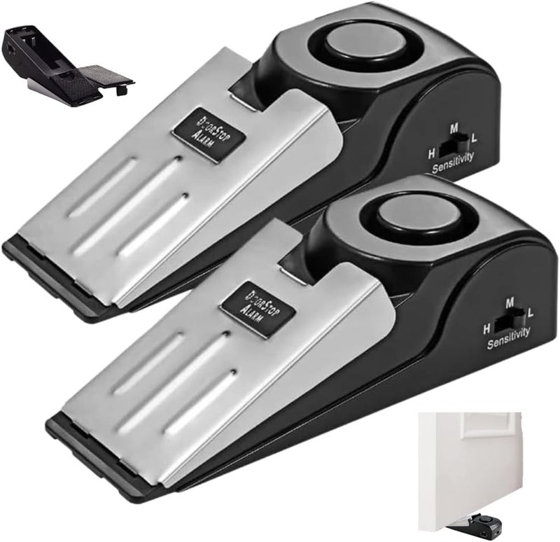 MARKQ موقف الباب المنبه - أمان محمول مع إنذار 120 ديسيبل، حساسية قابلة للتعديل، قاعدة مضادة للانزلاق من الفولاذ المقاوم للصدأ للسفر والمنزل والفندق (أسود، عبوة من 2) - Image 1