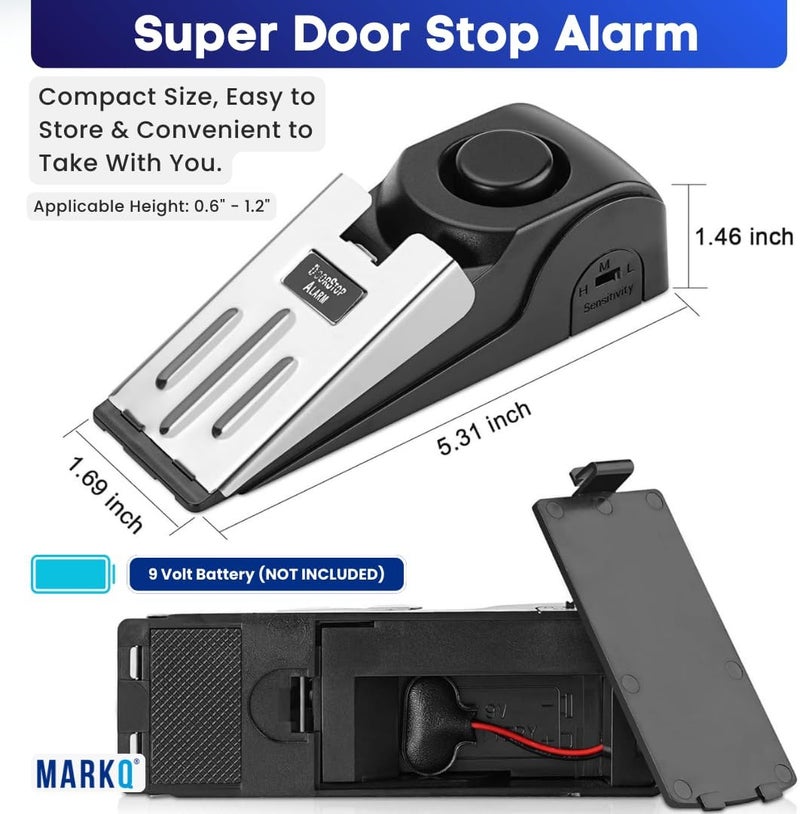 MARKQ موقف الباب المنبه - أمان محمول مع إنذار 120 ديسيبل، حساسية قابلة للتعديل، قاعدة مضادة للانزلاق من الفولاذ المقاوم للصدأ للسفر والمنزل والفندق (أسود، عبوة من 2) - Image 3