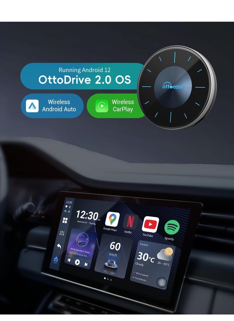 OTTOCAST Ai Box P3 2024 Android 12 CarPlay AI Box, Wireless CarPlay & Android Auto Adapter, 8GB+128GB, HDMI Output, GPS, Video Viewing YouTube, Netflix, Tiktok,