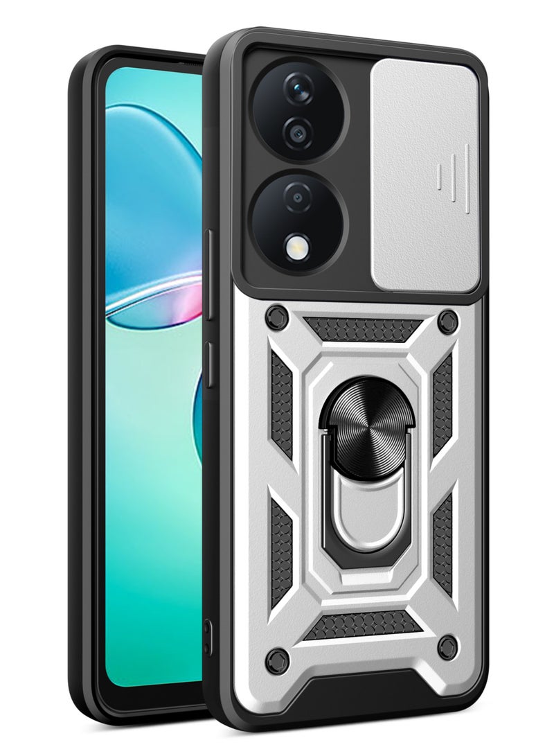 Shunjia Sliding Window Case, Shockproof Rugged Armor with Sliding Camera Cover & 360° Ring Kickstand, Compatible with Honor X7b (Silver)