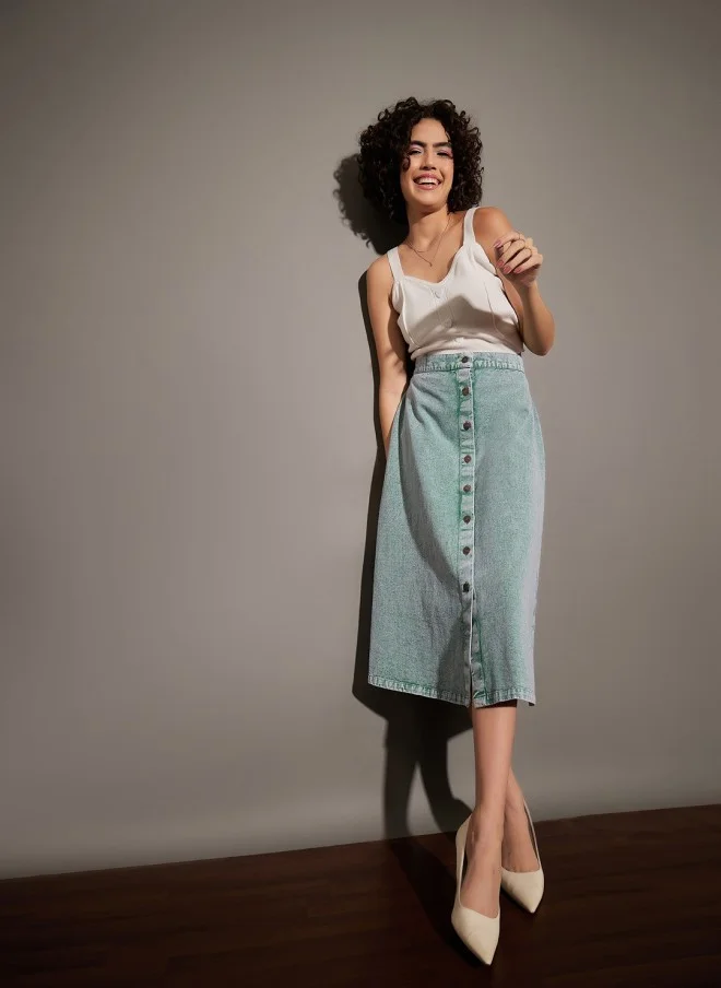 ساسافراس Green Denim A-Line Midi Skirt for Women