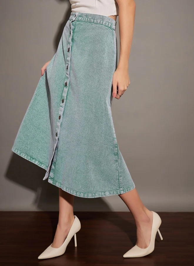 SASSAFRAS Green Denim A-Line Midi Skirt for Women