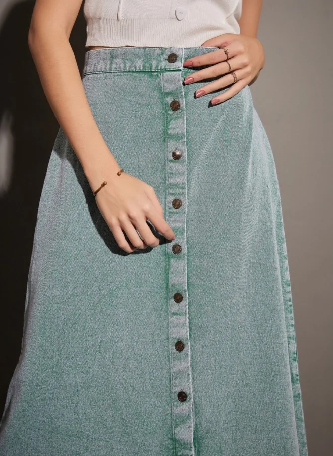 ساسافراس Green Denim A-Line Midi Skirt for Women