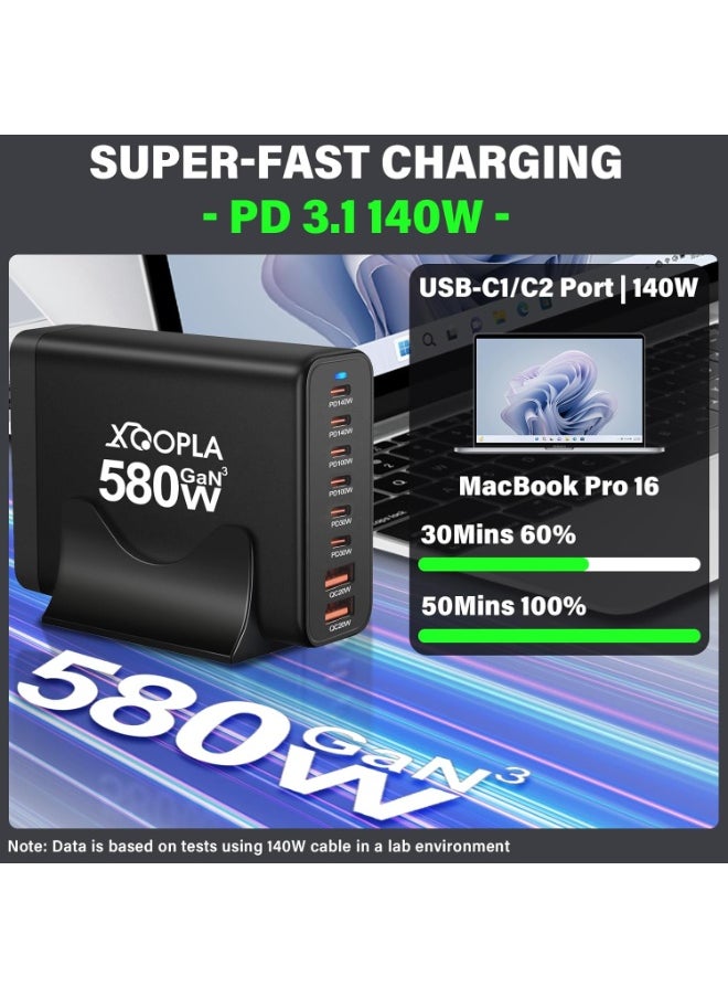 Xoopla 580W Fast Charging Station with 100W USB C Cable, 8-Port Laptop Type C Charger with (2x140W USB C, 2x100W Type C)，GaN Charger Adapter Plug for iPhone, iPad, MacBook,Galaxy and More  - Image 2