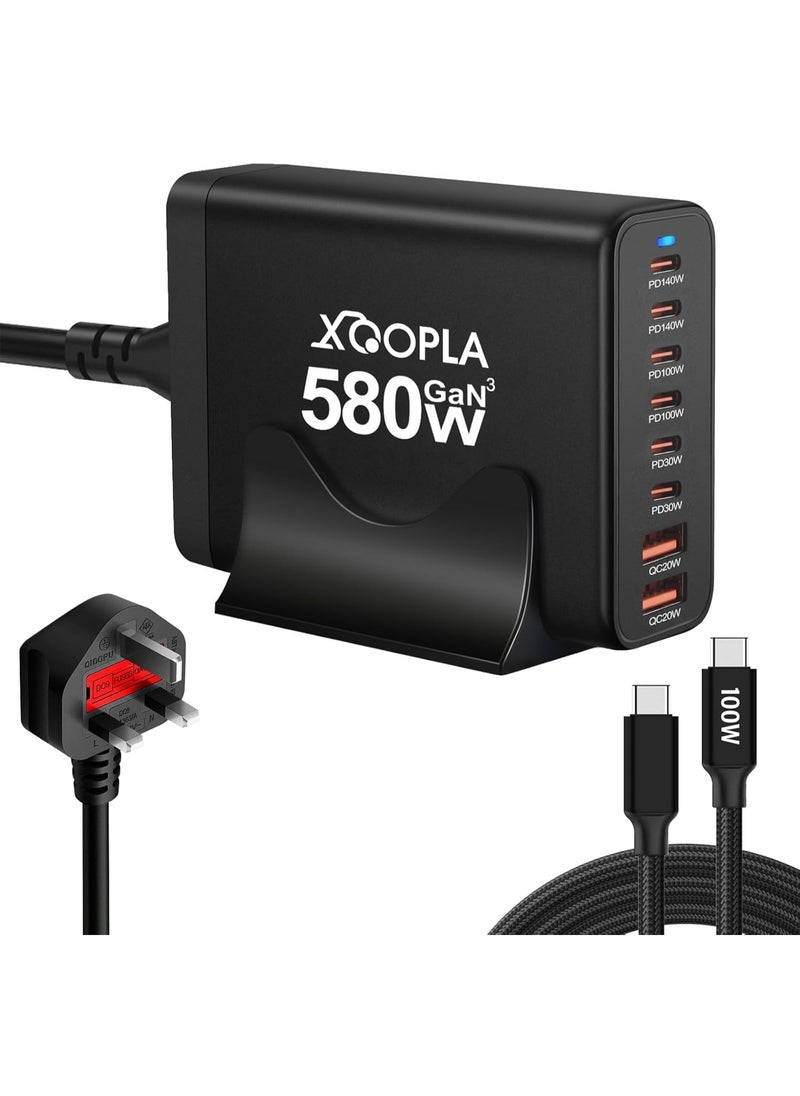 Xoopla 580W Fast Charging Station with 100W USB C Cable, 8-Port Laptop Type C Charger with (2x140W USB C, 2x100W Type C)，GaN Charger Adapter Plug for iPhone, iPad, MacBook,Galaxy and More  - Image 1