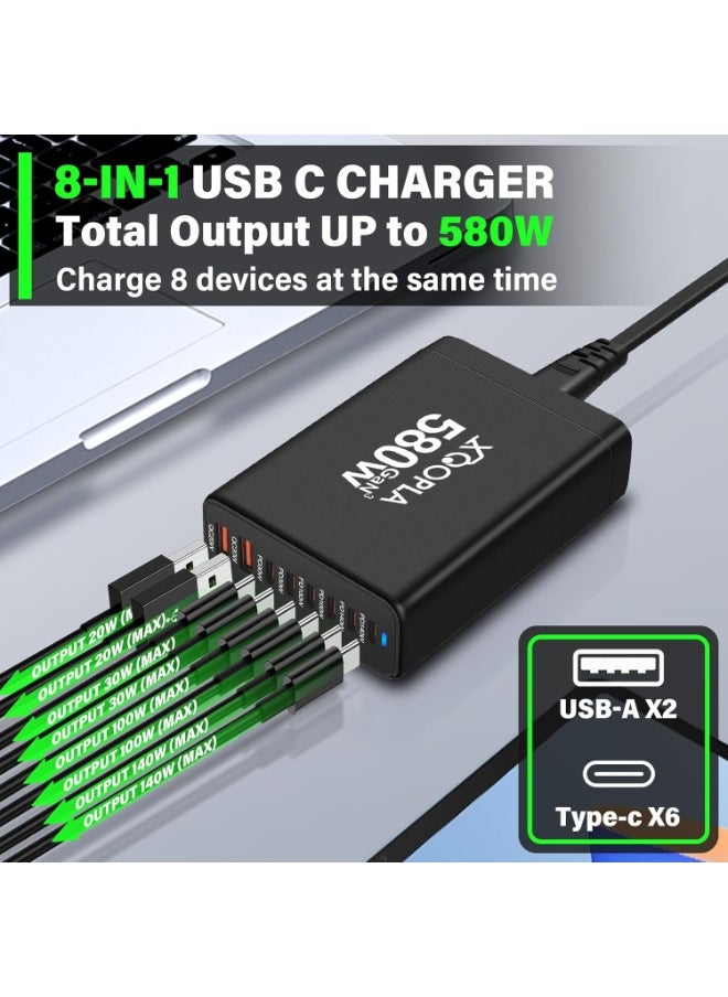 Xoopla 580W Fast Charging Station with 100W USB C Cable, 8-Port Laptop Type C Charger with (2x140W USB C, 2x100W Type C)，GaN Charger Adapter Plug for iPhone, iPad, MacBook,Galaxy and More  - Image 3