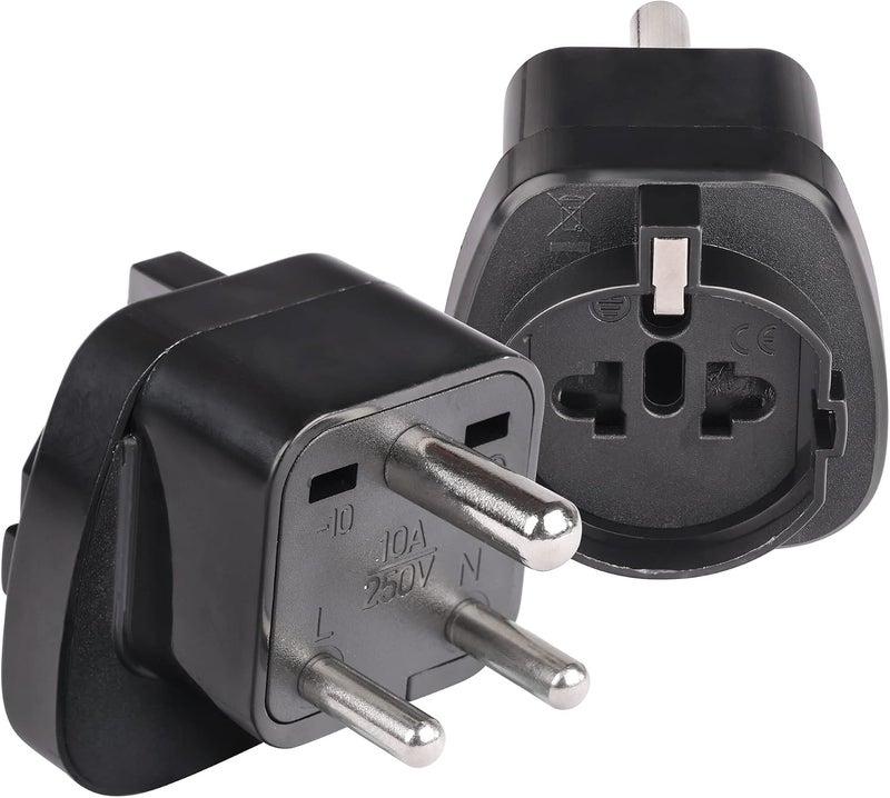 OREI European (Schuko) to India Plug Adapter - Convert European Type E/F Input to India Type D Three Prong Output Connection - Heavy Duty - Black Color (2 Pack) - Image 1
