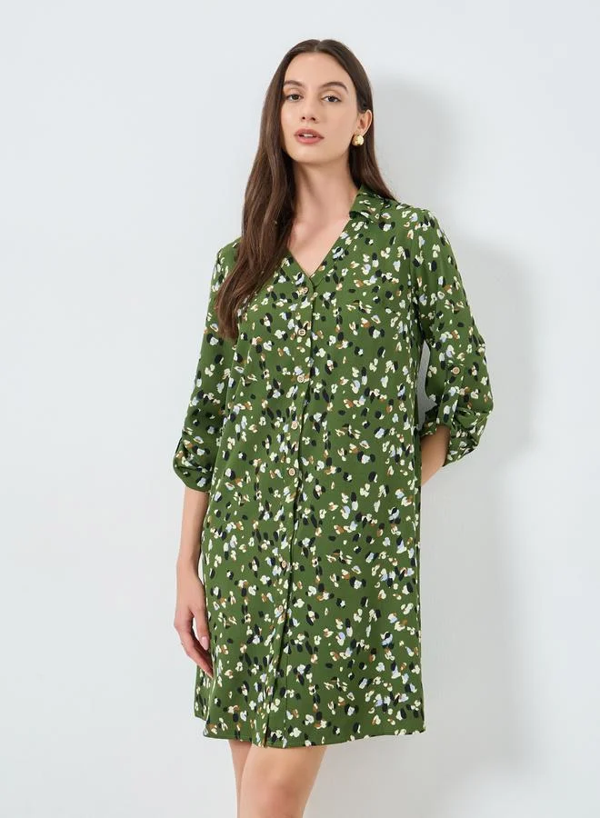 Take Two Khaki Graphic Print Knee-Length Shirt Dress
