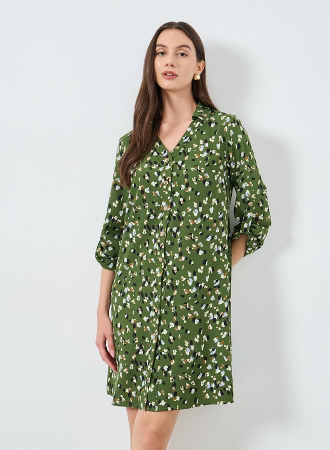 Take Two Khaki Graphic Print Knee-Length Shirt Dress - Image 1