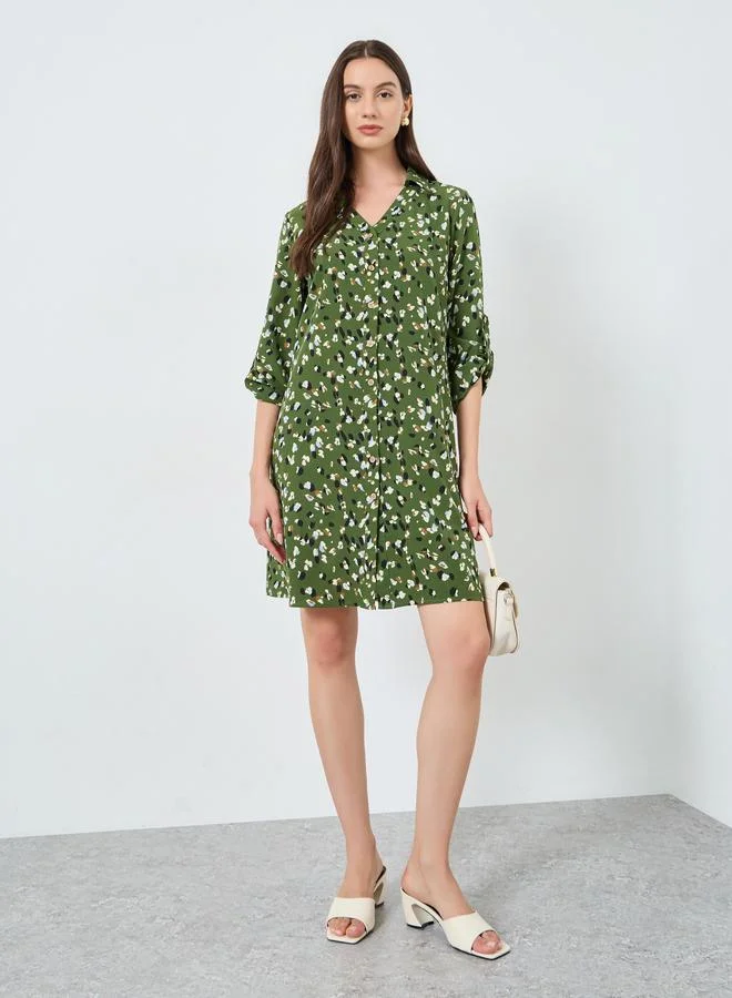 Take Two Khaki Graphic Print Knee-Length Shirt Dress