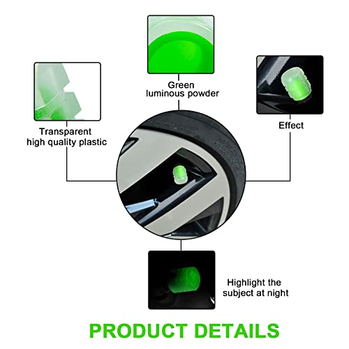 ERZA Tire Valve Stem Caps Universal for Car, Bikes, Trucks, Luminous Fluorescent Glow in The Dark Air Cover, Tire Pressure Radium Caps, Modification & Decoration Accessories, Green Color, Pack of 4 - Image 2