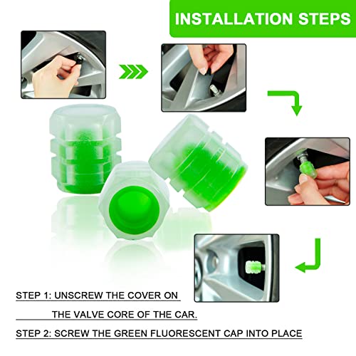 ERZA Tire Valve Stem Caps Universal for Car, Bikes, Trucks, Luminous Fluorescent Glow in The Dark Air Cover, Tire Pressure Radium Caps, Modification & Decoration Accessories, Green Color, Pack of 4 - Image 3
