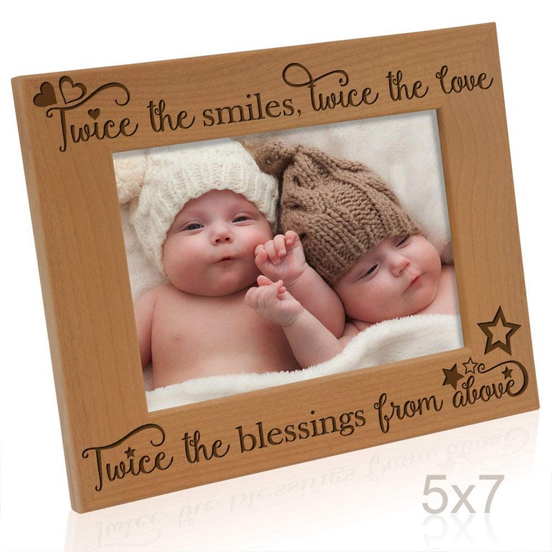 KATE POSH - Twice The Smiles, Twice The Love, Twice The Blessings from Above - Engraved Natural Wood Photo Frame - Twins Picture Frame, Twins Gifts for Babies, Twins Gifts for mom (5x7-Horizontal) - Image 3