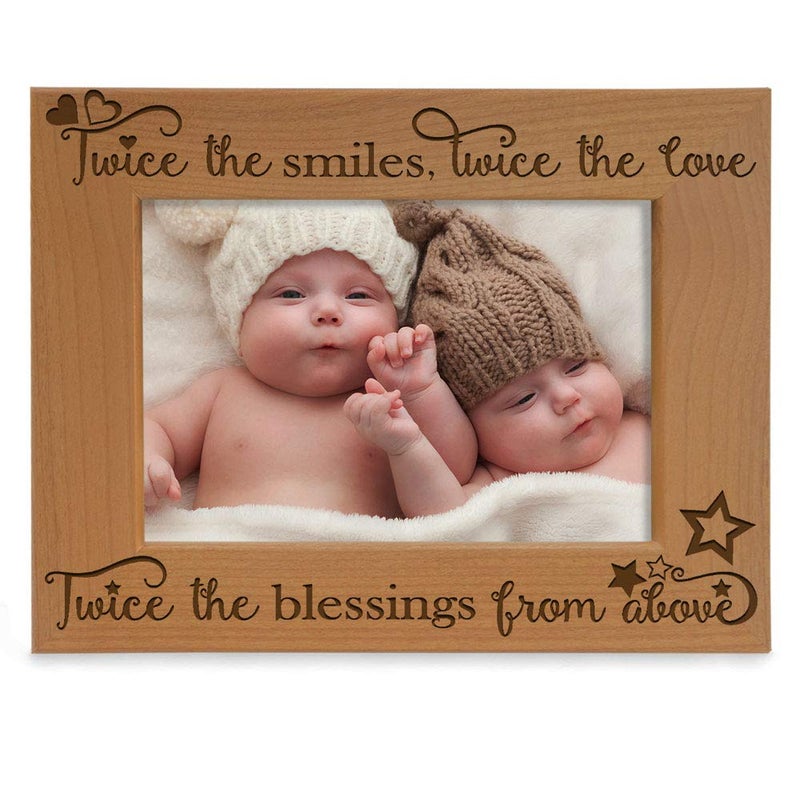 KATE POSH - Twice The Smiles, Twice The Love, Twice The Blessings from Above - Engraved Natural Wood Photo Frame - Twins Picture Frame, Twins Gifts for Babies, Twins Gifts for mom (5x7-Horizontal) - Image 1