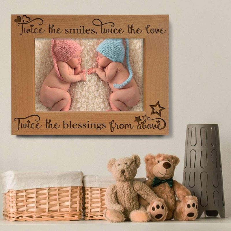 KATE POSH - Twice The Smiles, Twice The Love, Twice The Blessings from Above - Engraved Natural Wood Photo Frame - Twins Picture Frame, Twins Gifts for Babies, Twins Gifts for mom (5x7-Horizontal) - Image 5