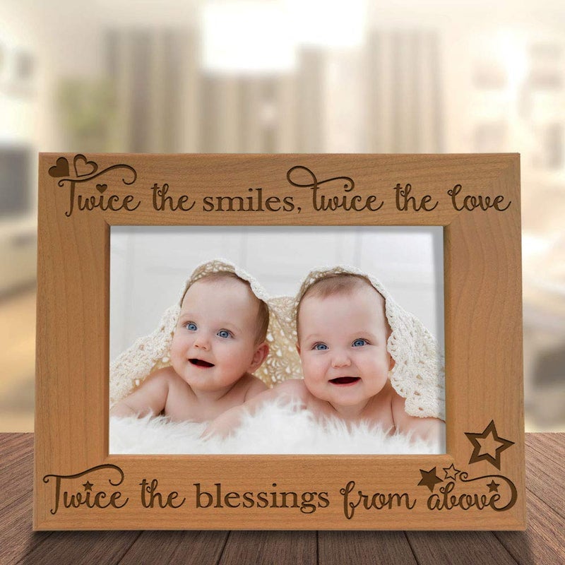 KATE POSH - Twice The Smiles, Twice The Love, Twice The Blessings from Above - Engraved Natural Wood Photo Frame - Twins Picture Frame, Twins Gifts for Babies, Twins Gifts for mom (5x7-Horizontal) - Image 4