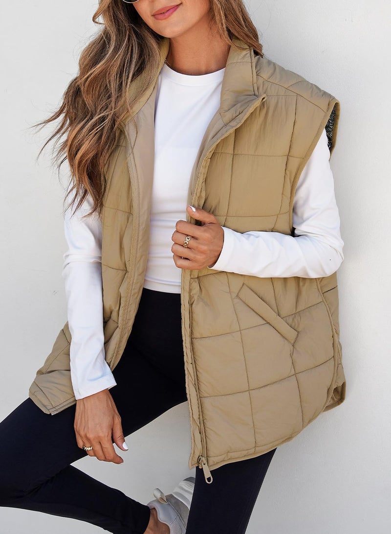EVALESS Puffer Vest Women Lightweight Quilted Zip Up Cap Sleeve Jackets Fall Winter Outfits Coats With Pockets Khaki Medium - Image 3