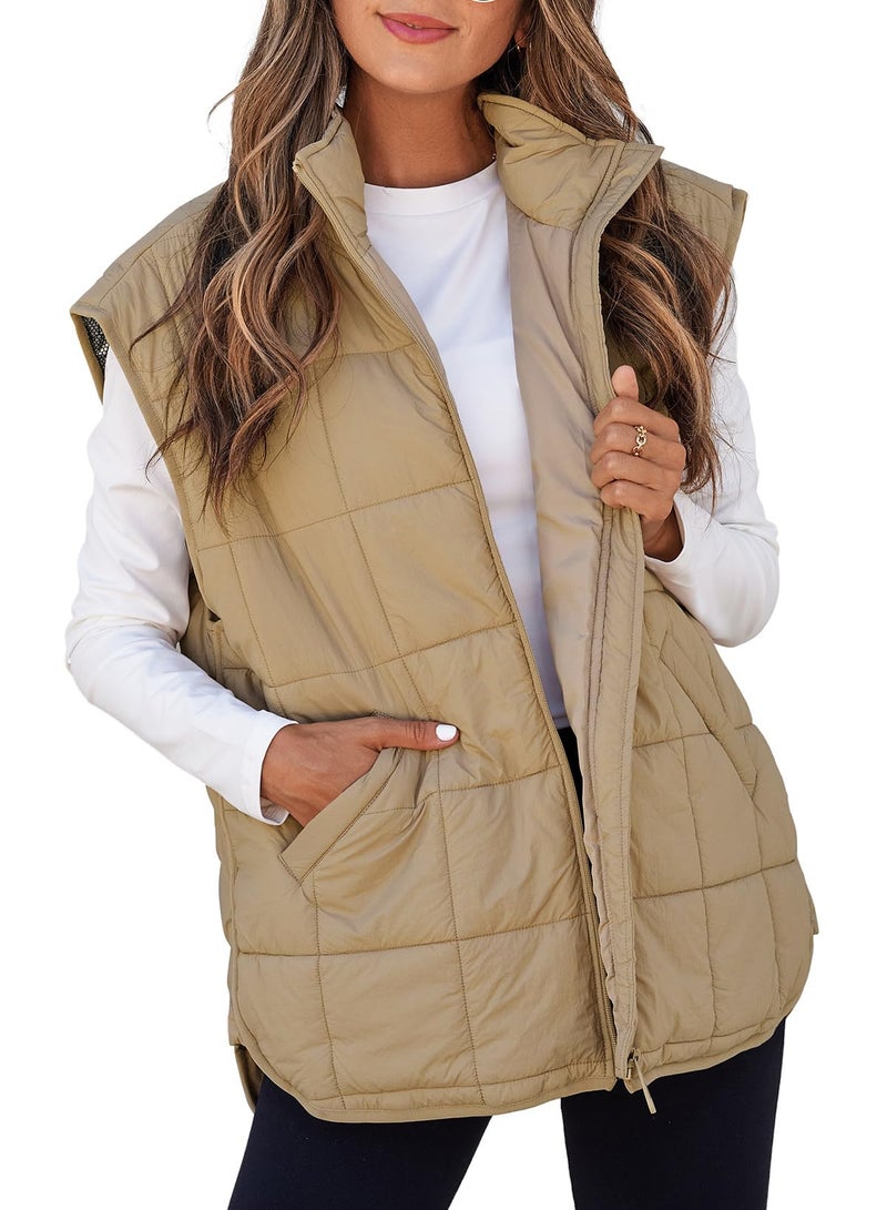 EVALESS Puffer Vest Women Lightweight Quilted Zip Up Cap Sleeve Jackets Fall Winter Outfits Coats With Pockets Khaki Medium - Image 1