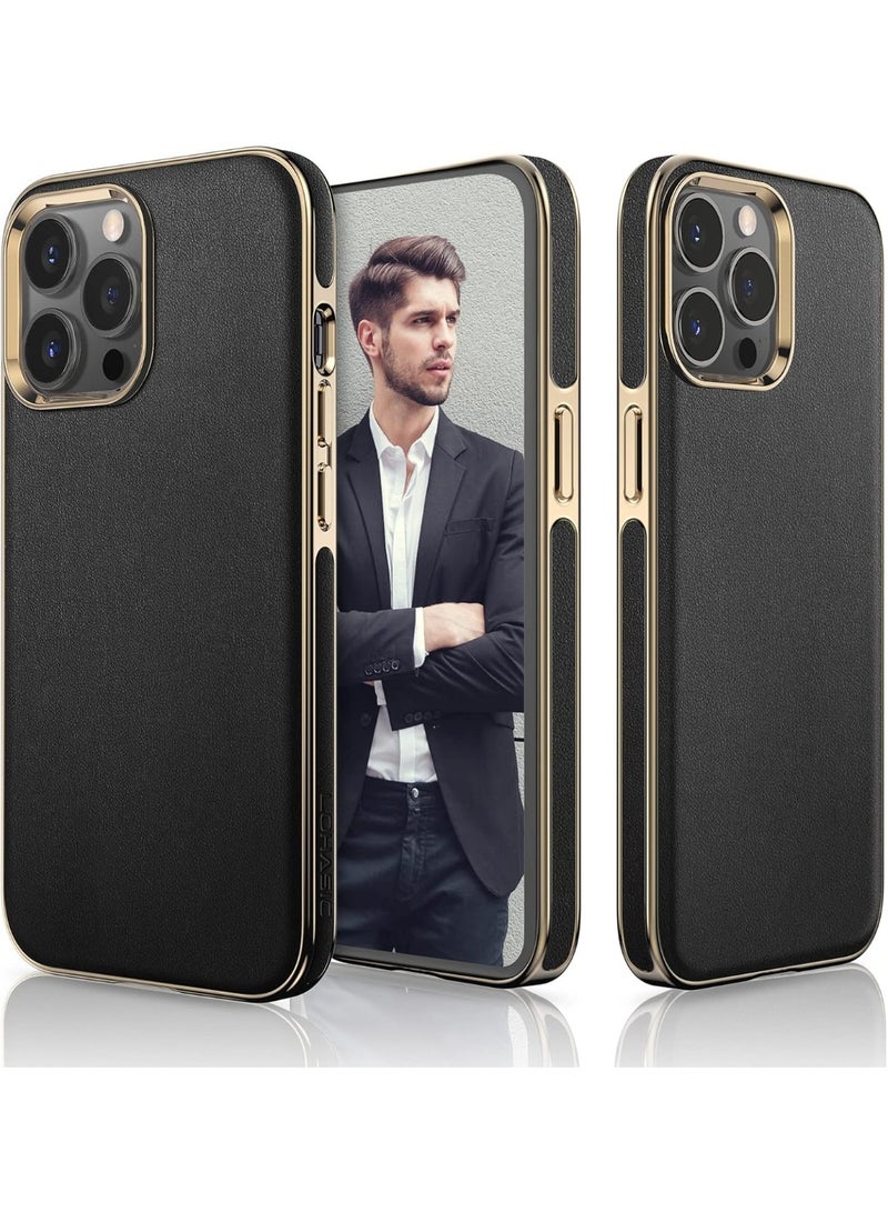 جراب هاتف iPhone 14 Pro Max، غطاء خلفي من الجلد الكلاسيكي مع بطانة ناعمة من الألياف الدقيقة، جراب هاتف مقاوم للصدمات للرجال لهاتف iPhone 14 Pro Max مقاس 6.7 بوصة - أسود ذهبي - Image 1