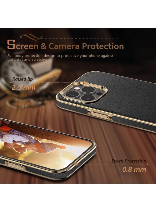 جراب هاتف iPhone 14 Pro Max، غطاء خلفي من الجلد الكلاسيكي مع بطانة ناعمة من الألياف الدقيقة، جراب هاتف مقاوم للصدمات للرجال لهاتف iPhone 14 Pro Max مقاس 6.7 بوصة - أسود ذهبي - Image 5