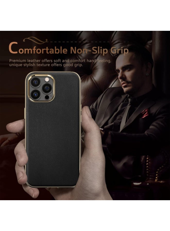 جراب هاتف iPhone 14 Pro Max، غطاء خلفي من الجلد الكلاسيكي مع بطانة ناعمة من الألياف الدقيقة، جراب هاتف مقاوم للصدمات للرجال لهاتف iPhone 14 Pro Max مقاس 6.7 بوصة - أسود ذهبي - Image 2