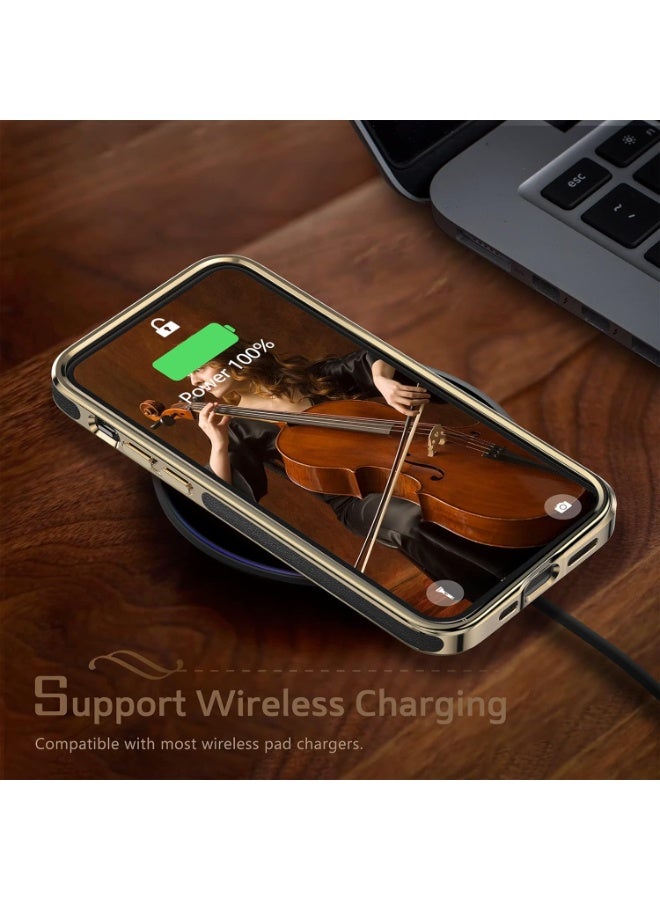 جراب هاتف iPhone 14 Pro Max، غطاء خلفي من الجلد الكلاسيكي مع بطانة ناعمة من الألياف الدقيقة، جراب هاتف مقاوم للصدمات للرجال لهاتف iPhone 14 Pro Max مقاس 6.7 بوصة - أسود ذهبي - Image 3