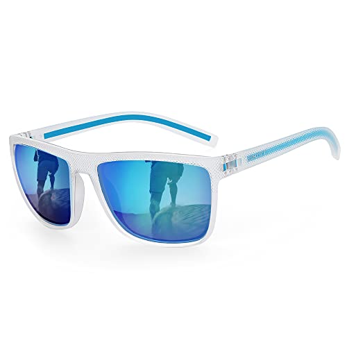 ZENOTTIC Polarized Sunglasses for Men Lightweight TR90 Frame UV400 Protection Square Sun Glasses (S04 Transparent Frame/Blue Mirrored Lens) - Image 1