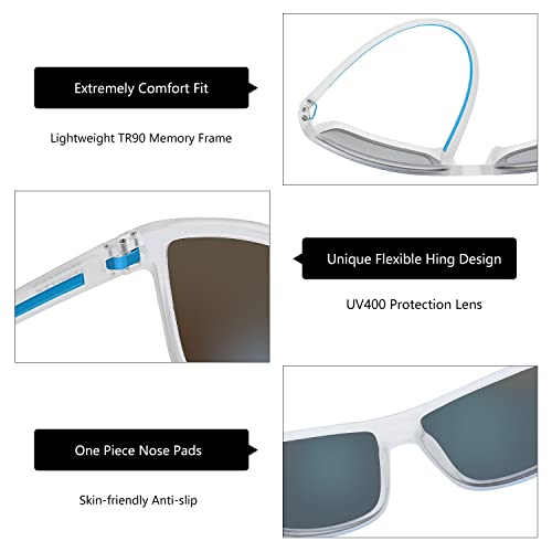 ZENOTTIC Polarized Sunglasses for Men Lightweight TR90 Frame UV400 Protection Square Sun Glasses (S04 Transparent Frame/Blue Mirrored Lens) - Image 4