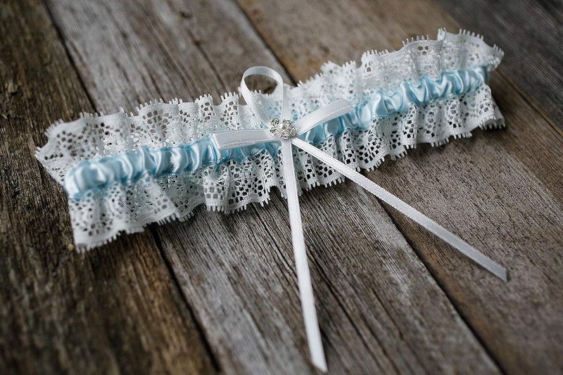 LR Bridal Store Blue with white Lace trim Wedding Bridal Garter with Rhinestone Satin Bow for Brides - Image 2