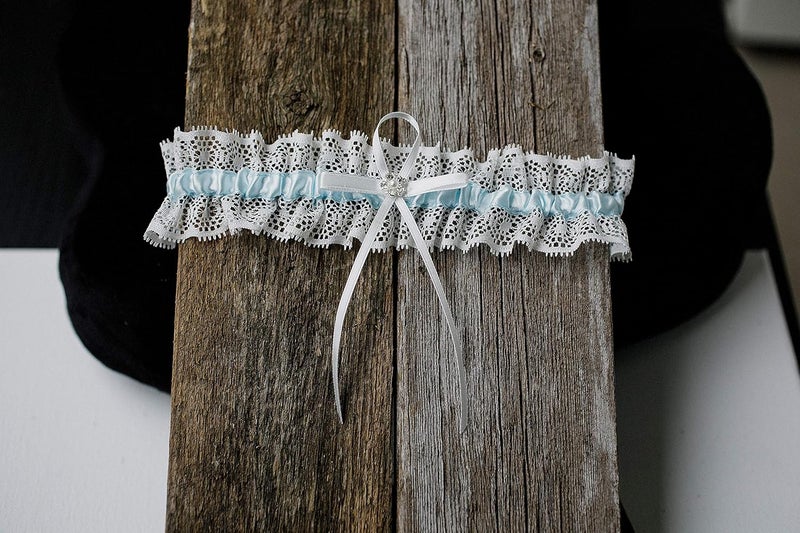 LR Bridal Store Blue with white Lace trim Wedding Bridal Garter with Rhinestone Satin Bow for Brides - Image 3