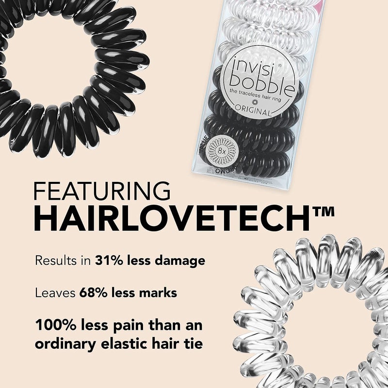 invisibobble Original Traceless Spiral Hair Ties - Pack of 8, Crystal Clear and True Black- Strong Elastic Grip Coil Accessories for Women - Non Soaking - Gentle for Girls Teens and Thick Hair - Image 4