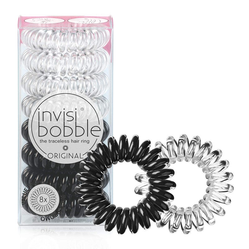 invisibobble Original Traceless Spiral Hair Ties - Pack of 8, Crystal Clear and True Black- Strong Elastic Grip Coil Accessories for Women - Non Soaking - Gentle for Girls Teens and Thick Hair - Image 1