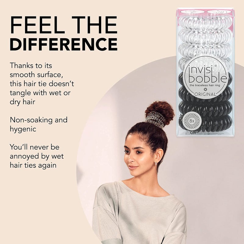 invisibobble Original Traceless Spiral Hair Ties - Pack of 8, Crystal Clear and True Black- Strong Elastic Grip Coil Accessories for Women - Non Soaking - Gentle for Girls Teens and Thick Hair - Image 3