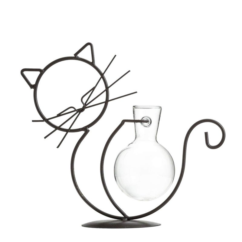 TJ Global Cat Glass Planter Vase Holder Plant Terrarium Propagation Station Metal Stand for Hydroponics Plants Home Garden Wedding Decoration Outdoor Planter Ideas Modern Creative