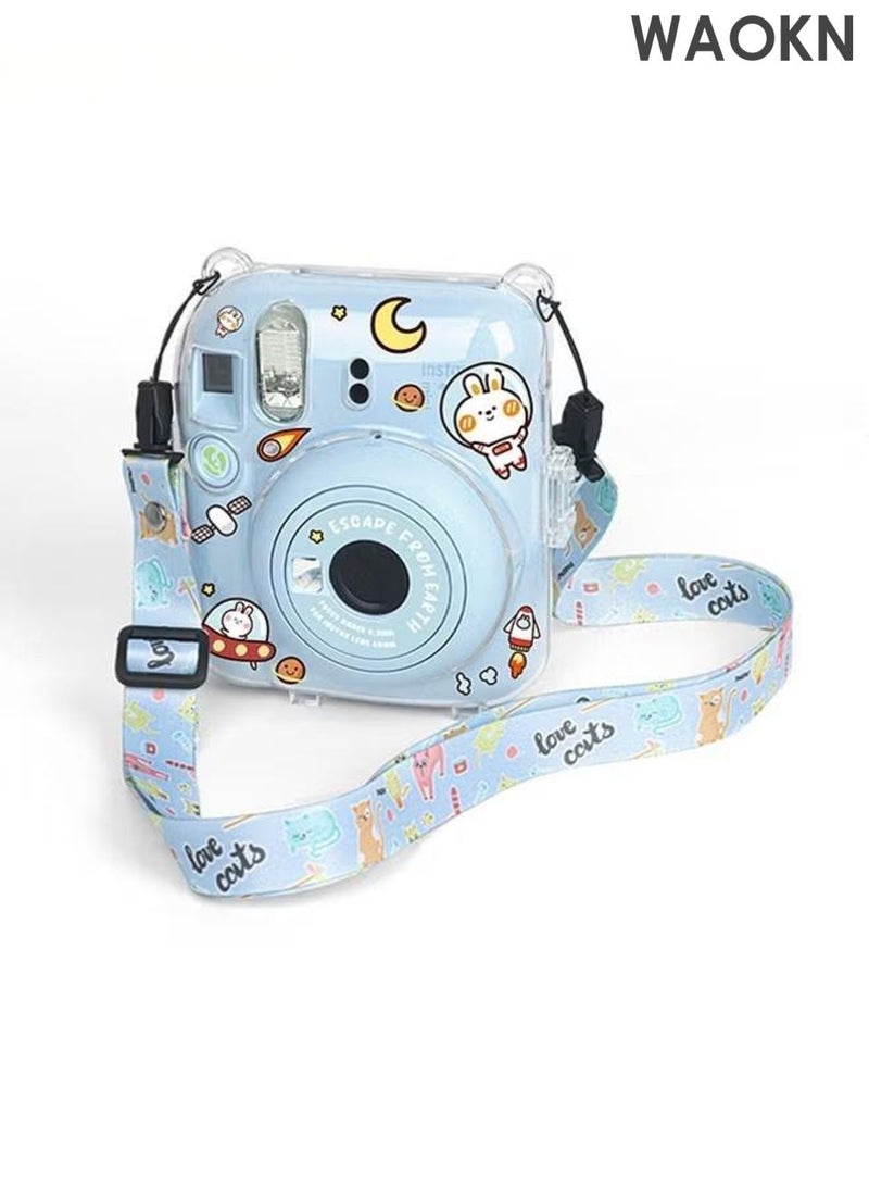 WAOKN Clear Camera Case Compatible with Fujifilm Instax Mini 12 Instant Camera, ，photo bag protective case，Mini 12 Hard Case with Photo Pocket Holds on Back and Adjustable Shoulder Strap & Cute Camera Sticker (blue). - Image 2