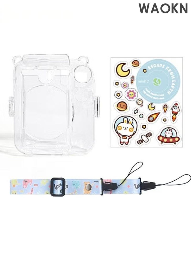 WAOKN Clear Camera Case Compatible with Fujifilm Instax Mini 12 Instant Camera, ，photo bag protective case，Mini 12 Hard Case with Photo Pocket Holds on Back and Adjustable Shoulder Strap & Cute Camera Sticker (blue). - Image 1