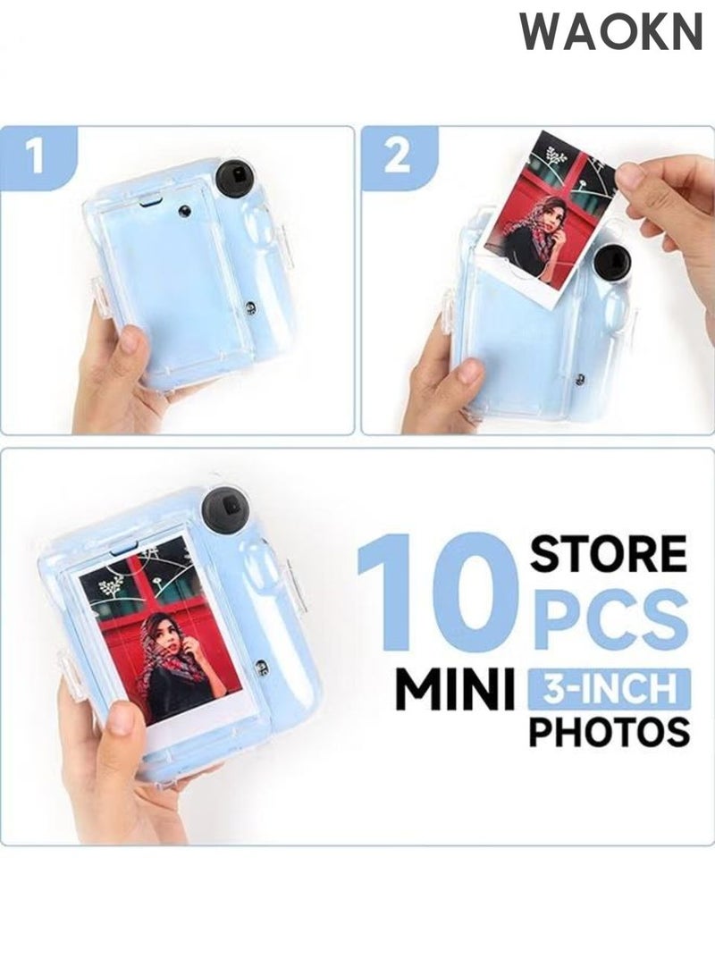 WAOKN Clear Camera Case Compatible with Fujifilm Instax Mini 12 Instant Camera, ，photo bag protective case，Mini 12 Hard Case with Photo Pocket Holds on Back and Adjustable Shoulder Strap & Cute Camera Sticker (blue). - Image 3