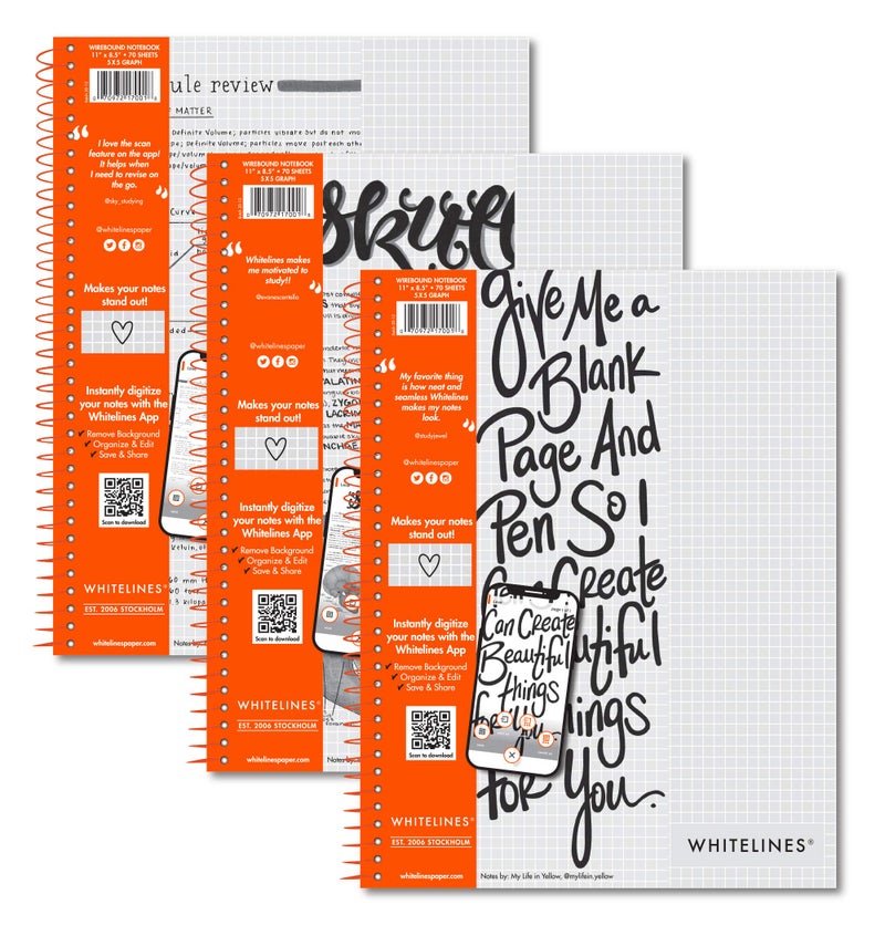 ROARING SPRING Whitelines Premium Spiral Notebook, 5x5 Graph Ruled, 11" x 8.5", 70 Sheets, Digitally Download Your Notes, Free App, Pack of 3 - Image 1
