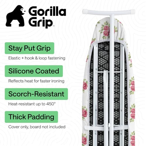 GORILLA GRIP The Original Ironing Board Cover and Pad Silicone Coating 400F Scorch Resistant Thick Padding Heavy Duty Iron Covers Standard Boards Hook and Loop Fastener Strap Pink Floral 15x54 - Image 3