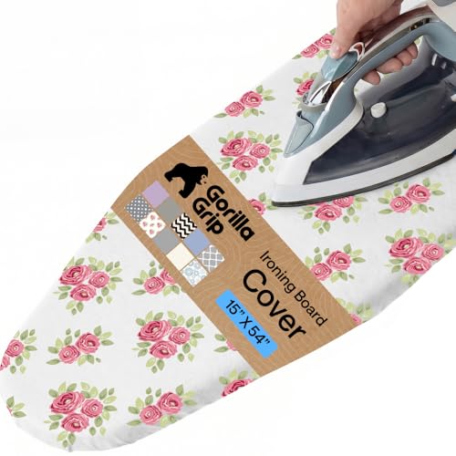 GORILLA GRIP The Original Ironing Board Cover and Pad Silicone Coating 400F Scorch Resistant Thick Padding Heavy Duty Iron Covers Standard Boards Hook and Loop Fastener Strap Pink Floral 15x54 - Image 1