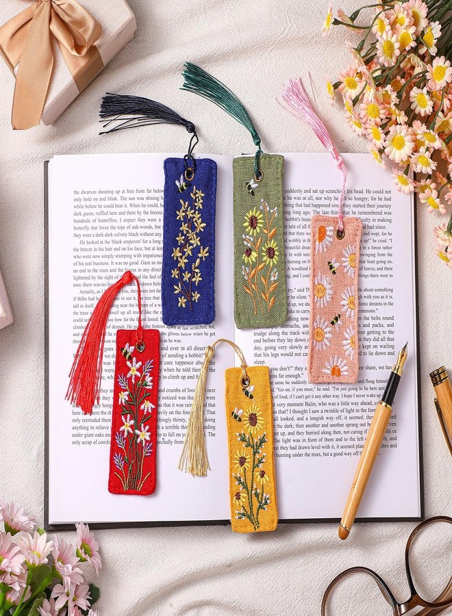 Skyygemm 5 Pcs Floral Embroidered Bookmarks with Tassels for Women Cute Handmade Flower Bookmark Bulk Linen Hand Embroidered Bookmark, Unique Book Lovers Gifts for Women Reading Lovers - Image 4