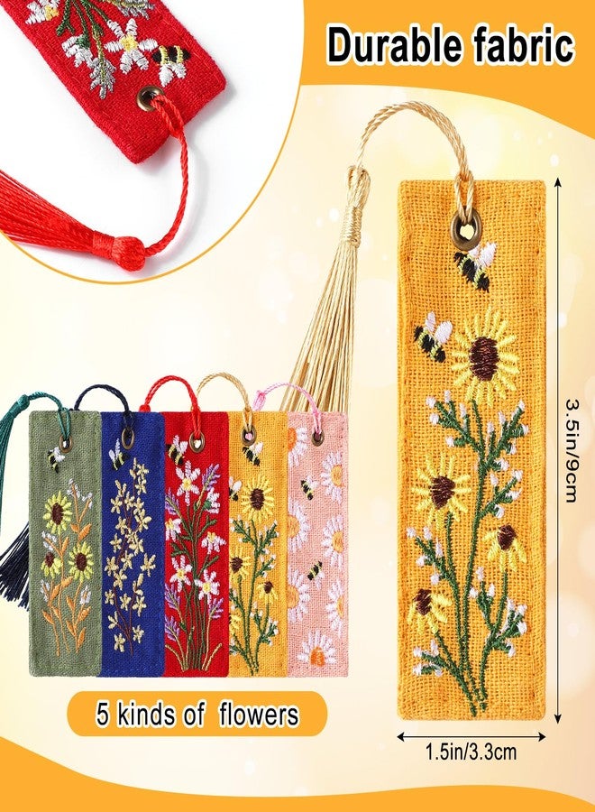 Skyygemm 5 Pcs Floral Embroidered Bookmarks with Tassels for Women Cute Handmade Flower Bookmark Bulk Linen Hand Embroidered Bookmark, Unique Book Lovers Gifts for Women Reading Lovers - Image 2