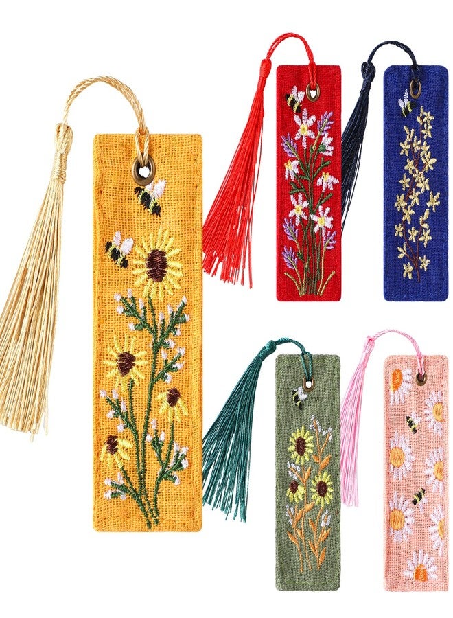 Skyygemm 5 Pcs Floral Embroidered Bookmarks with Tassels for Women Cute Handmade Flower Bookmark Bulk Linen Hand Embroidered Bookmark, Unique Book Lovers Gifts for Women Reading Lovers - Image 1