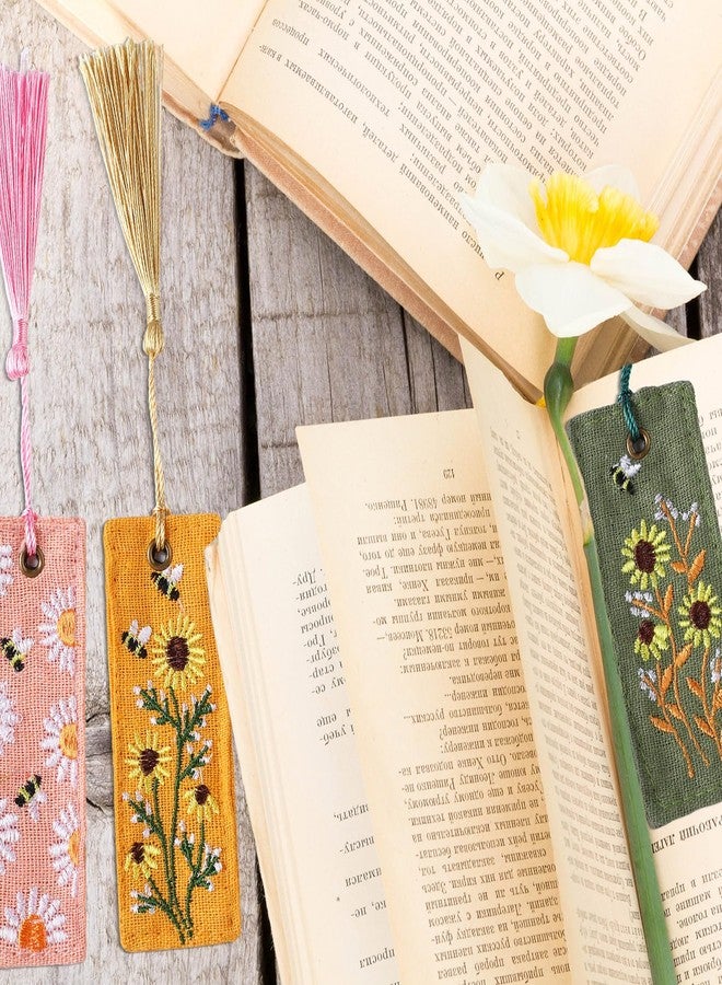Skyygemm 5 Pcs Floral Embroidered Bookmarks with Tassels for Women Cute Handmade Flower Bookmark Bulk Linen Hand Embroidered Bookmark, Unique Book Lovers Gifts for Women Reading Lovers - Image 5