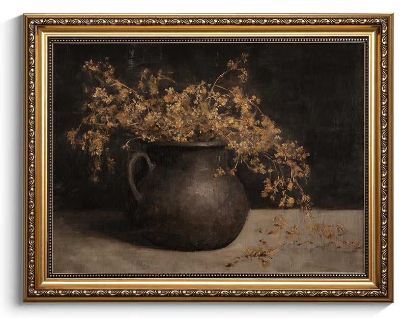 KISSFOX Gold Framed Wall Art Vintage Wall Decor Flower Canvas Art Botanical Pictures Still Life Floral Paintings Moody Rustic Artwork For Living Room Kitchen Bedroom - Image 1