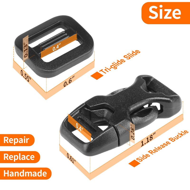 BEYOURD Buckle and Strap Set 3/8", 10 Yards Webbing Strap, 10-Pack Dual Adjustable Side Release Plastic Buckles, 20 Tri-Glide Slider Clips, Black (3/8 Inch Combo Set) - Image 5